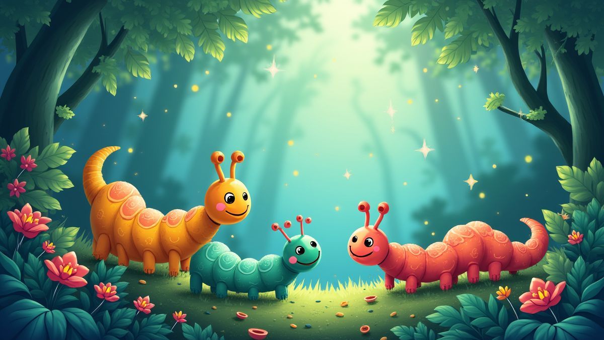 Glänzende Raupen in einem lebhaften Dschungel.