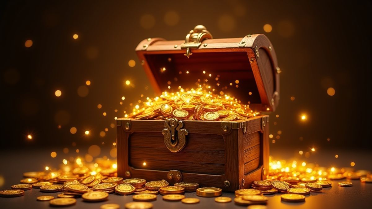 Eine Schatztruhe voller Goldmünzen.