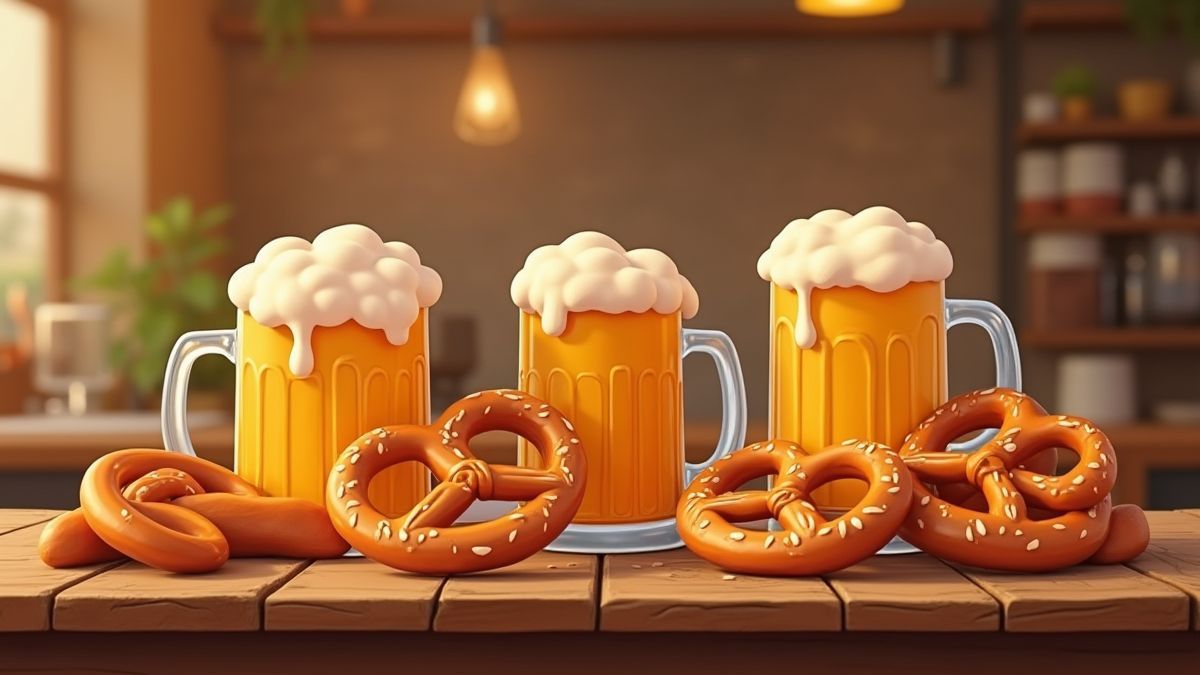 Mesa com pretzels, bratwurst e jarras de cerveja.