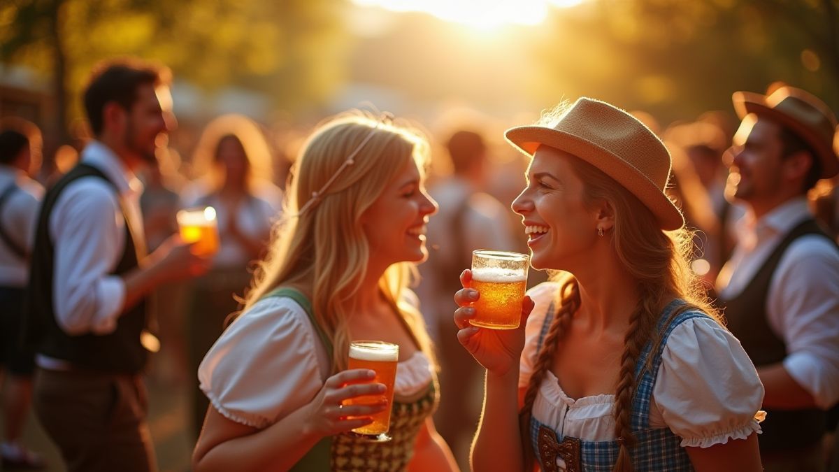 Pessoas dançando e desfrutando cerveja no Oktoberfest.