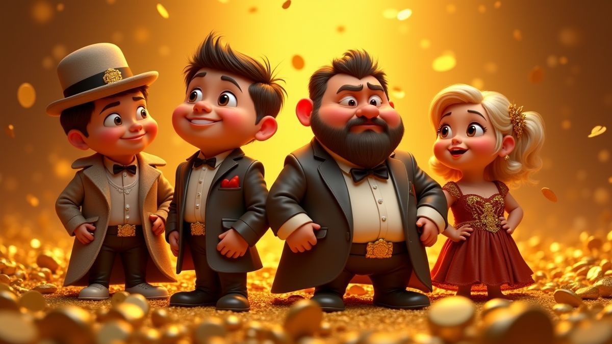 Personnages multimillionnaires dans Cashville entourés de richesses.