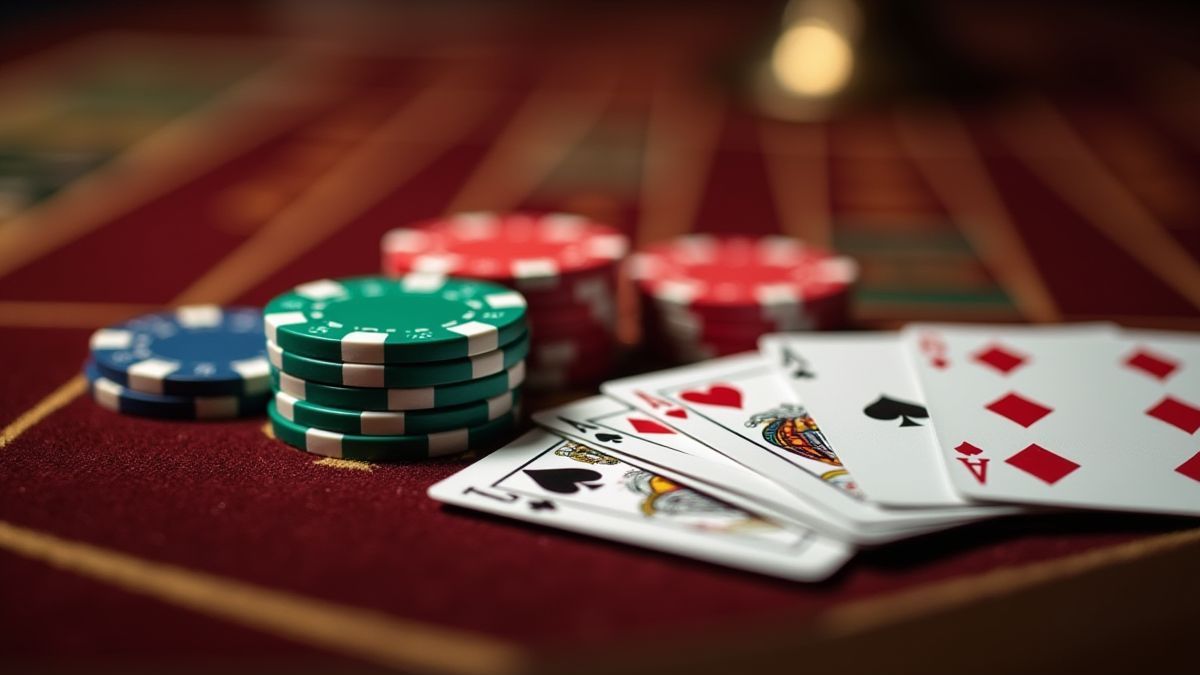 Fichas y cartas de póker en una mesa de casino.