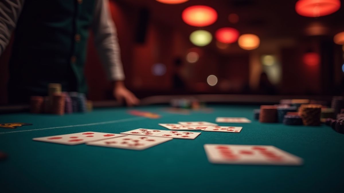Mesa de póker con cartas y fichas en un casino con iluminación tenue.