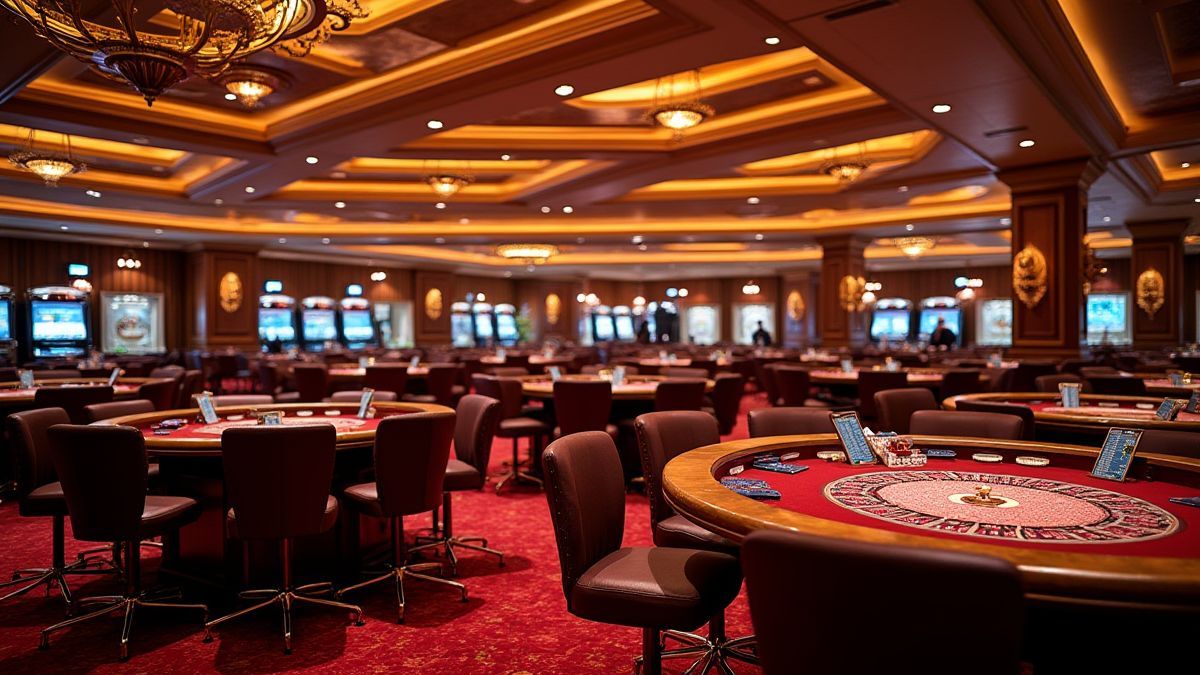 Interior de un casino lujoso con iluminación elegante y mesas.