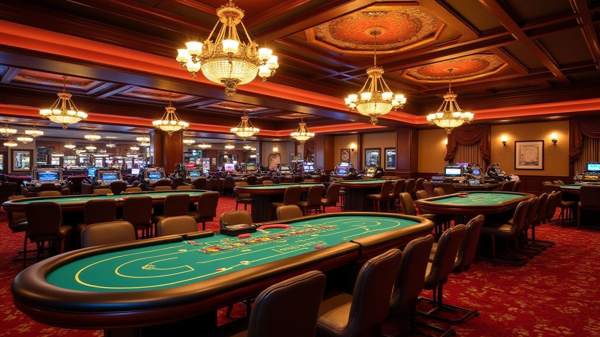 Interior de un casino lujoso con mesas de póker y candelabros.