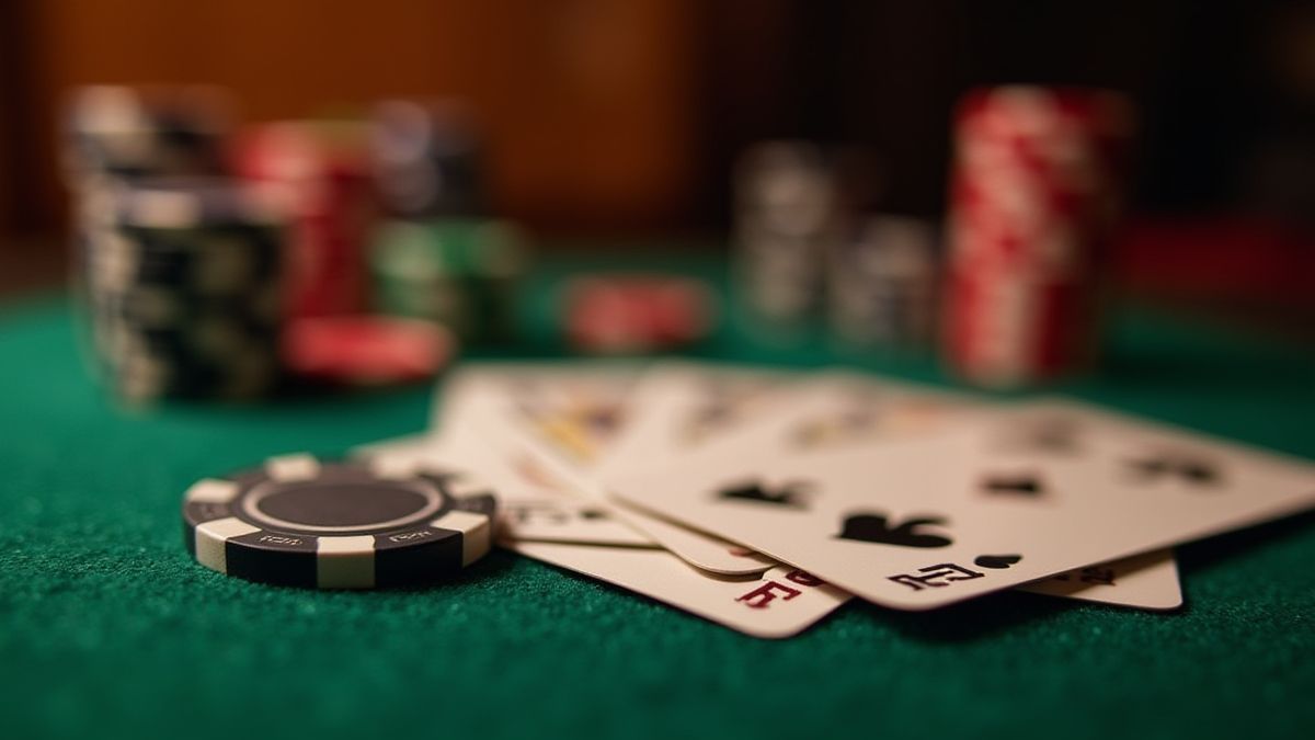 Fichas de póker y cartas sobre una mesa de fieltro bajo una luz cálida.