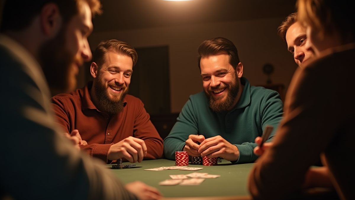 Grupo de amigos jugando póker en un ambiente acogedor.