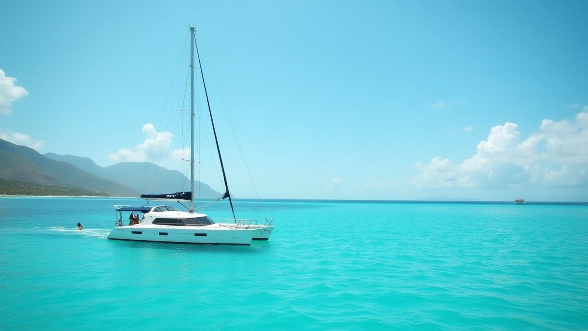 Una vista de un barco de vela navegando en un océano tropical.