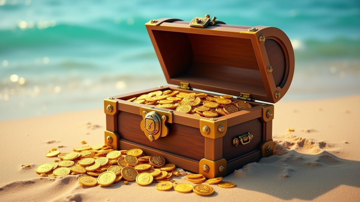 Un cofre del tesoro abierto en una playa mostrando monedas de oro y joyas.