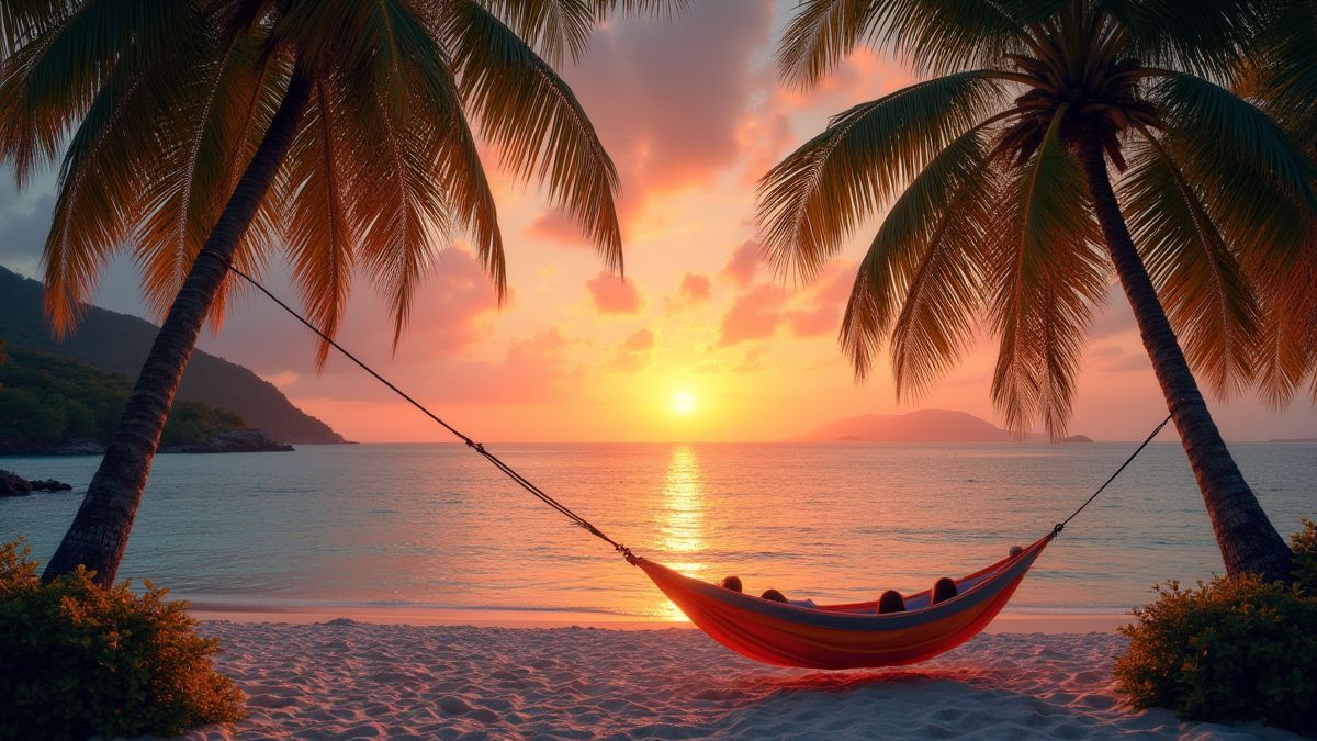 Una playa tropical al atardecer con palmeras y una hamaca.