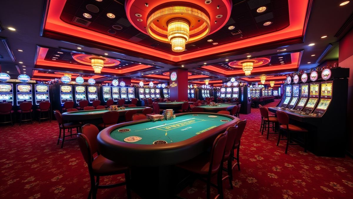 Interior de un casino glamuroso con mesas de póker y máquinas tragaperras.