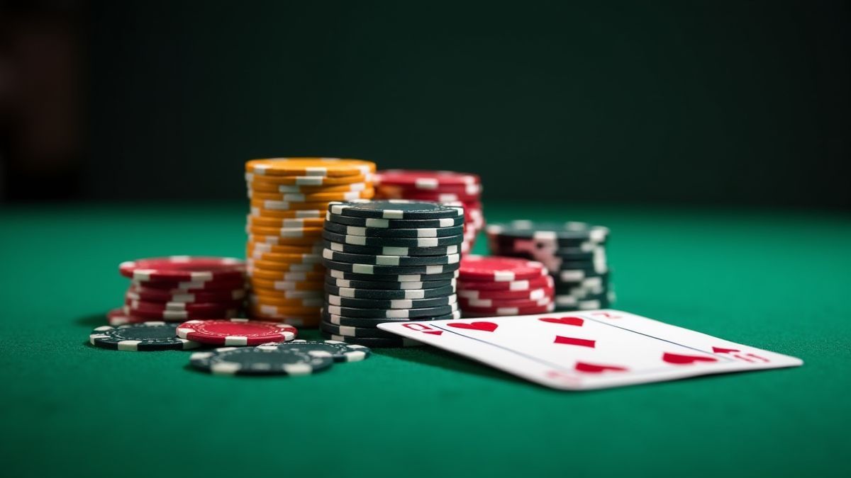 Montón de fichas de casino y cartas en una mesa verde.