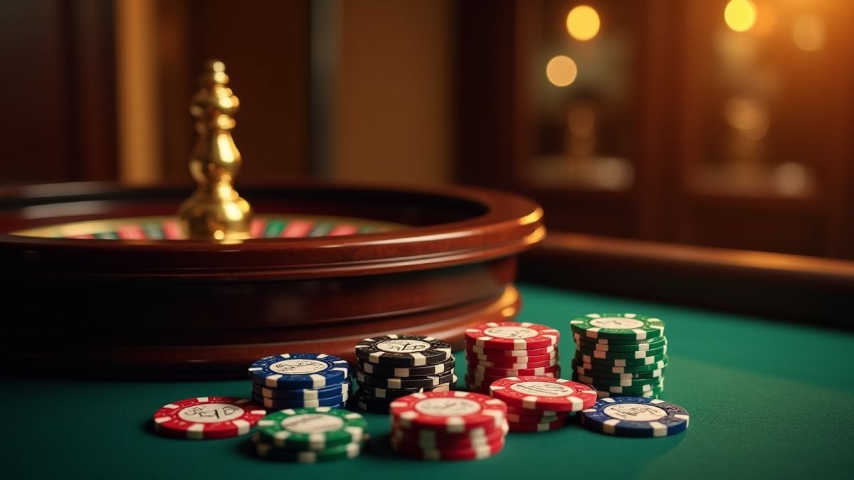 Eine elegante Umgebung mit Pokerchips und einem Roulettetisch.