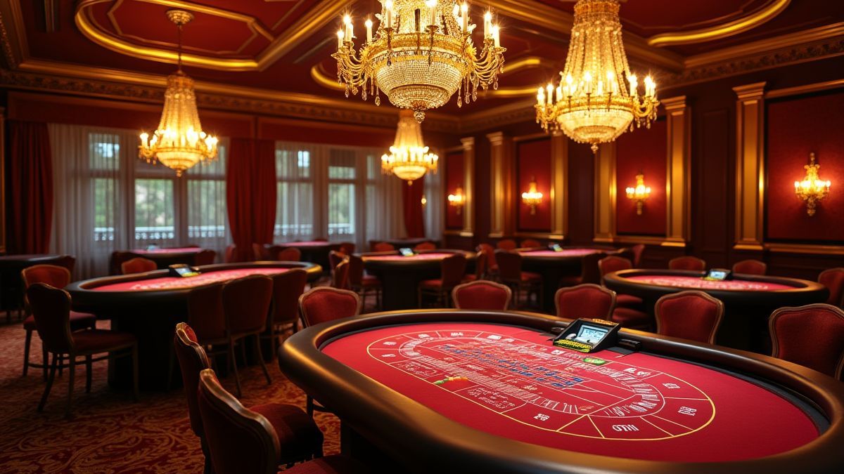 Casino Raum mit goldenen Details und einem Pokertisch.