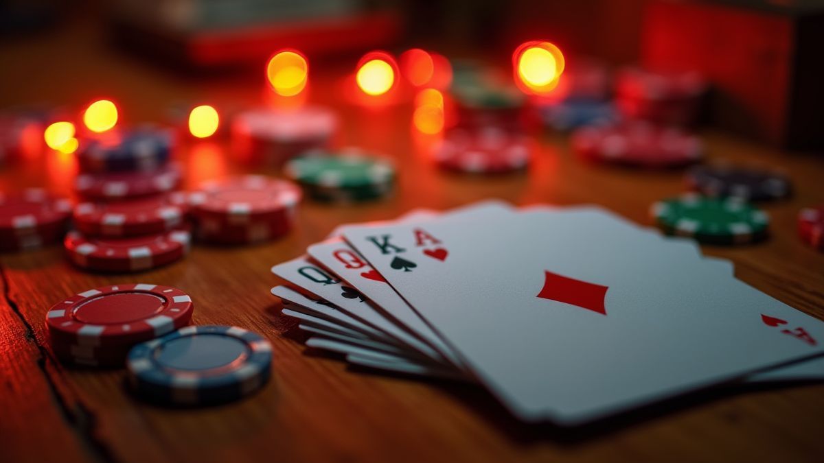 Un mazo de cartas en una mesa de madera rodeado de fichas de casino brillantes.