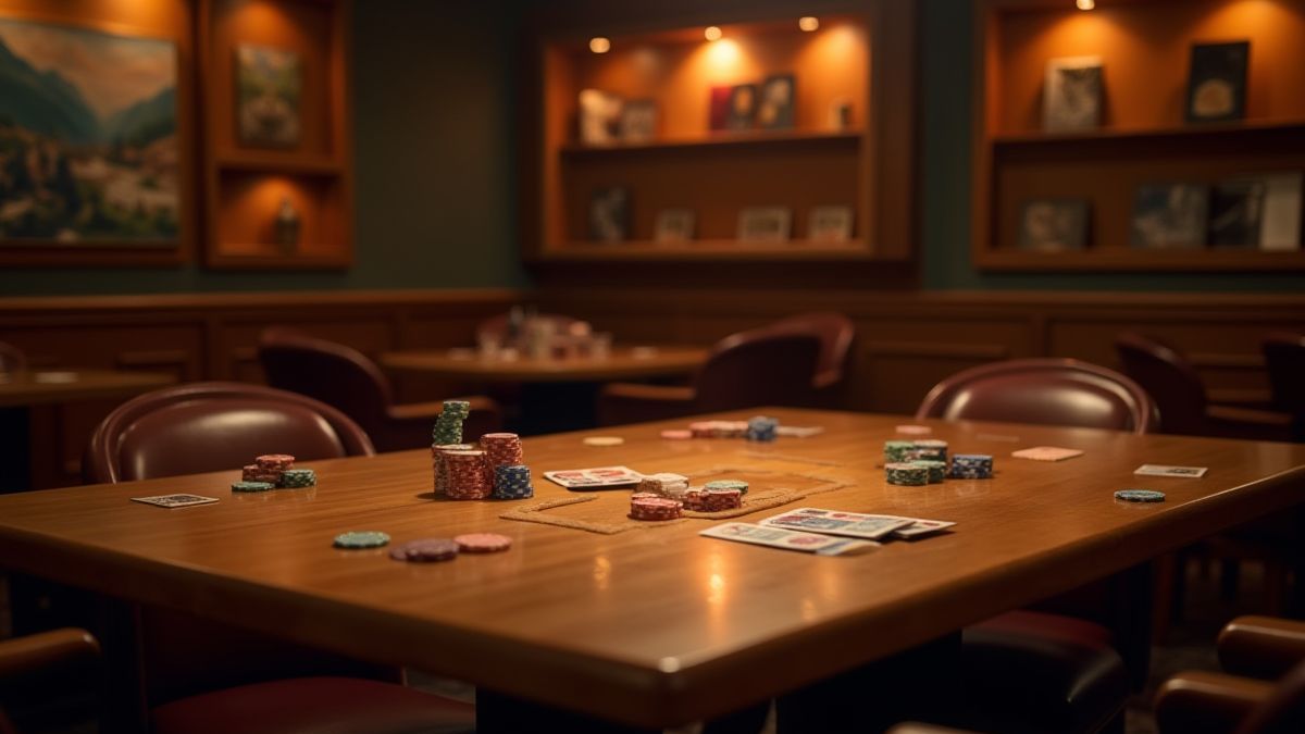 Una sala de juegos acogedora con mesa de cartas y fichas bajo luz cálida.
