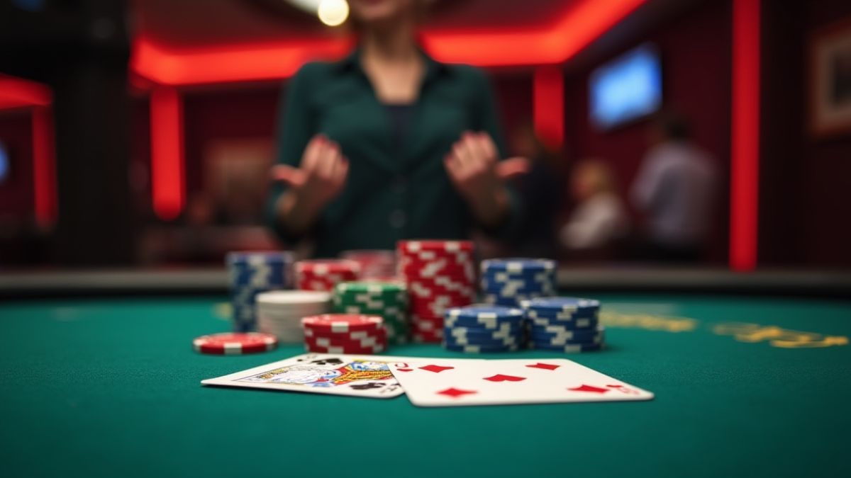 Verfijnde casino omgeving met fiches en kaarten zacht verlicht.