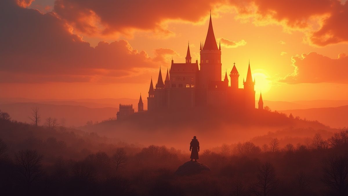 Leuchtende Burg im Hintergrund eines Sonnenuntergangs, umgeben von einem mittelalterlichen Schlachtfeld