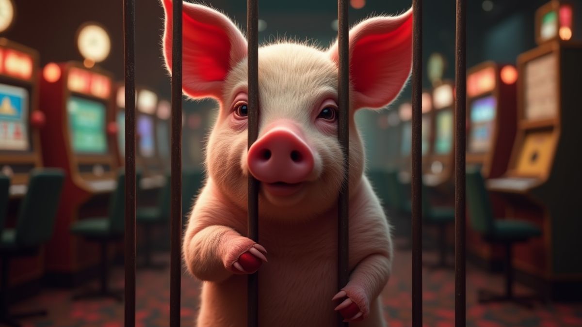 Um porco atrás das grades em um cassino animado.