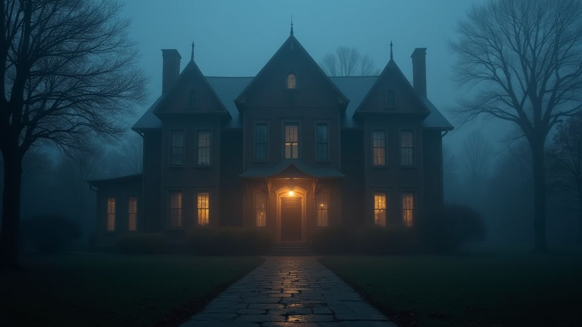 Ingang van een spookhuis omgeven door mist en verlichte ramen.