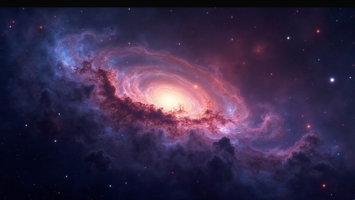 A cosmic background with bright stars and nebulas.