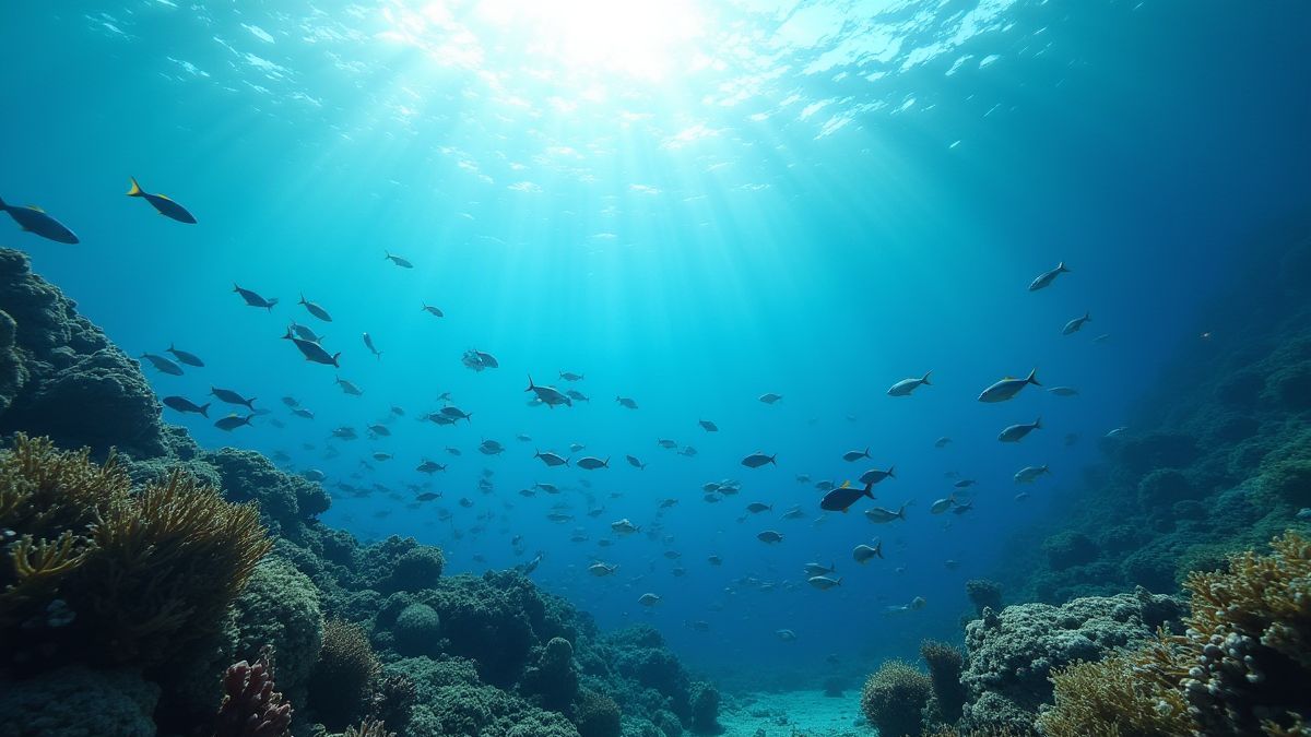 Underwater scene with schools of fish and coral reefs illuminated by sunlight.
