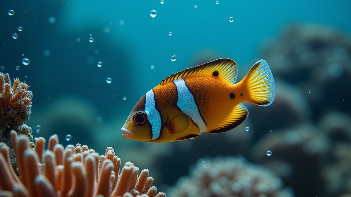 Vibrant fish swimming near a coral reef with bubbles rising.