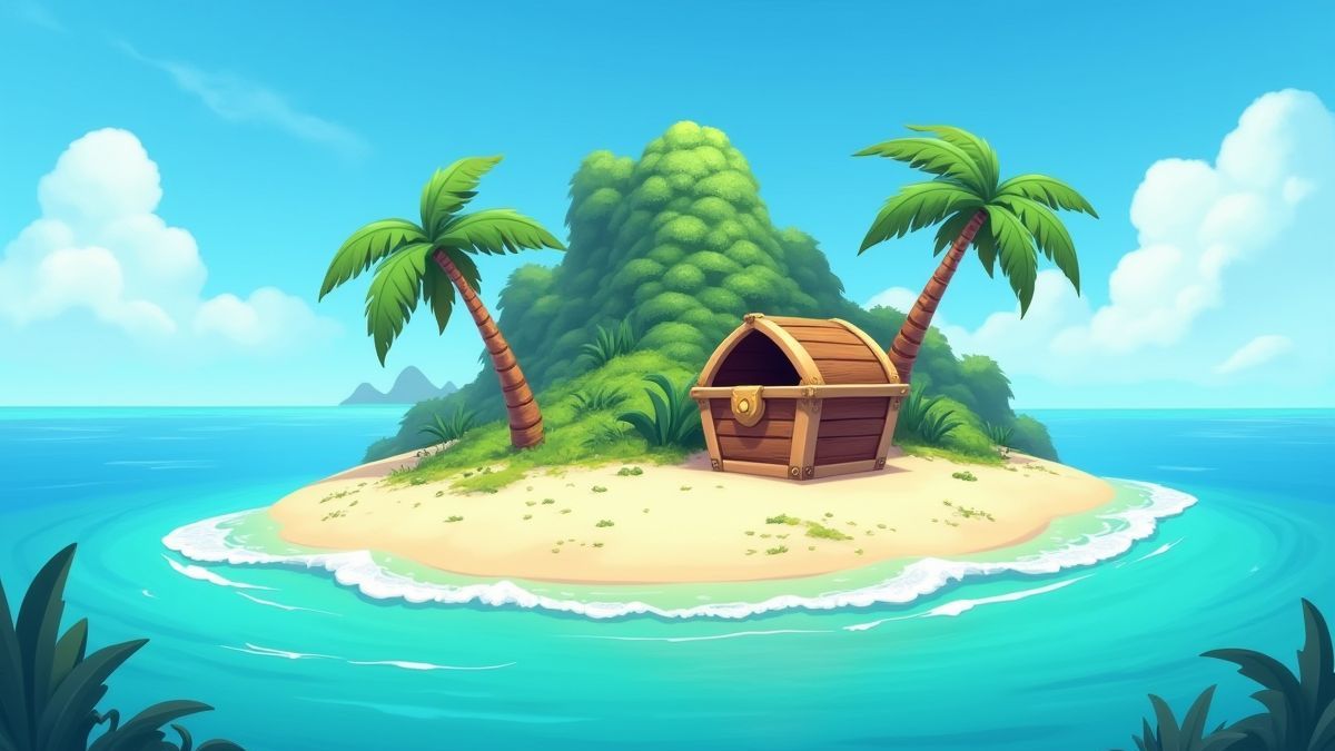 Eine animierte tropische Insel mit klaren blauen Gewässern und einer Schatztruhe.