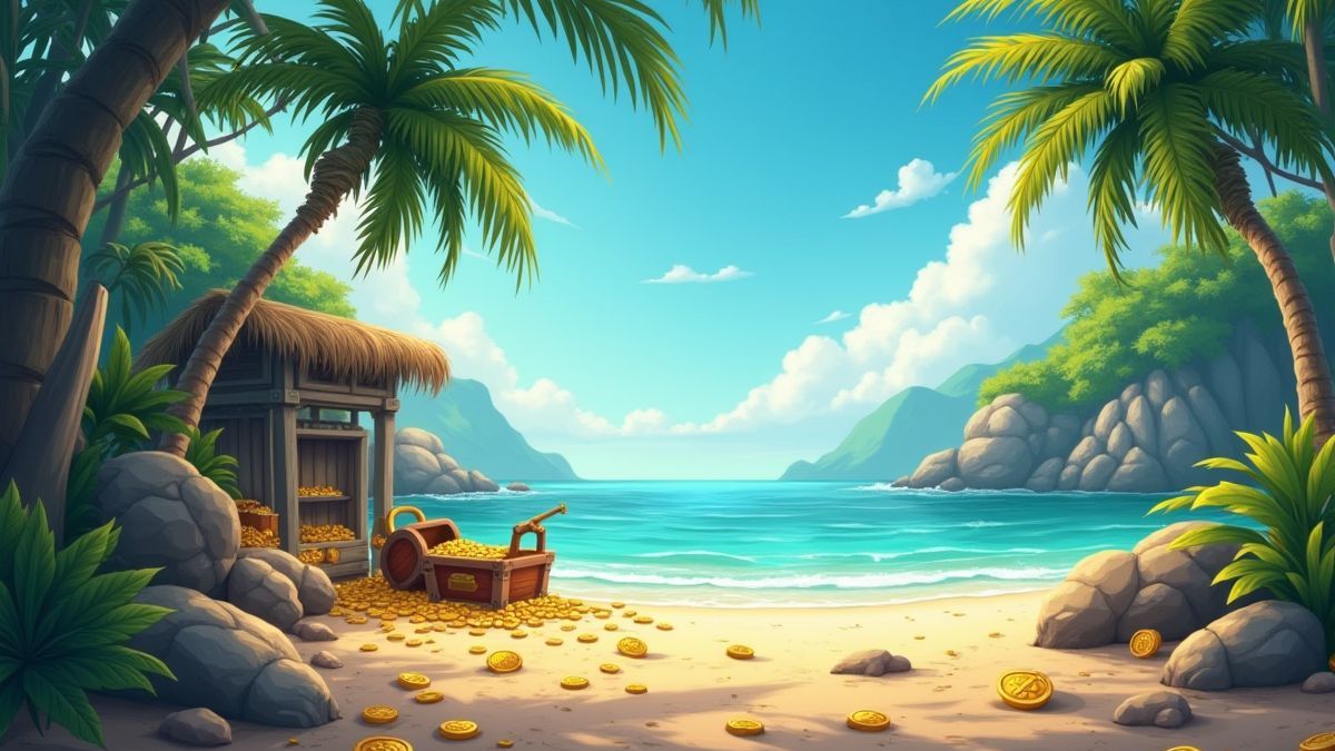 Eine Schatzsuche auf einer tropischen Insel mit verstreuten Goldmünzen.