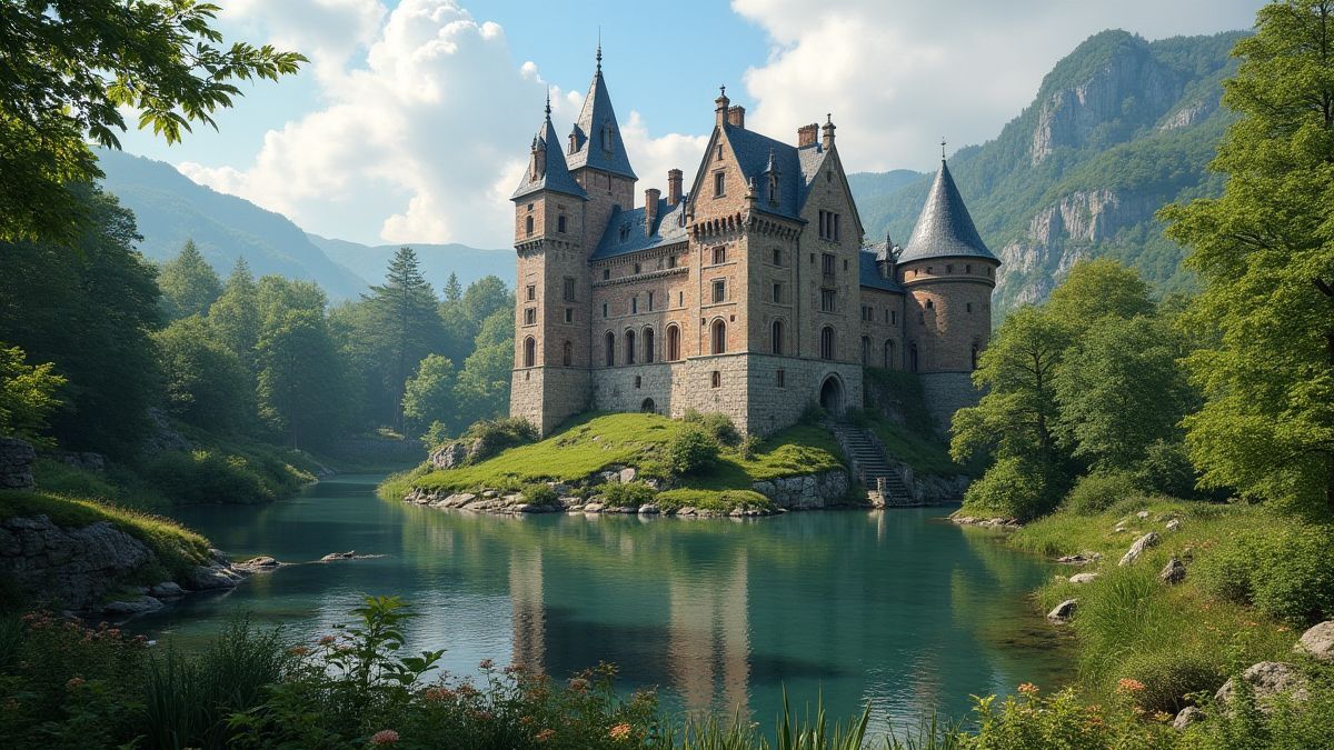 Castillo medieval rodeado por un foso y vegetación exuberante.