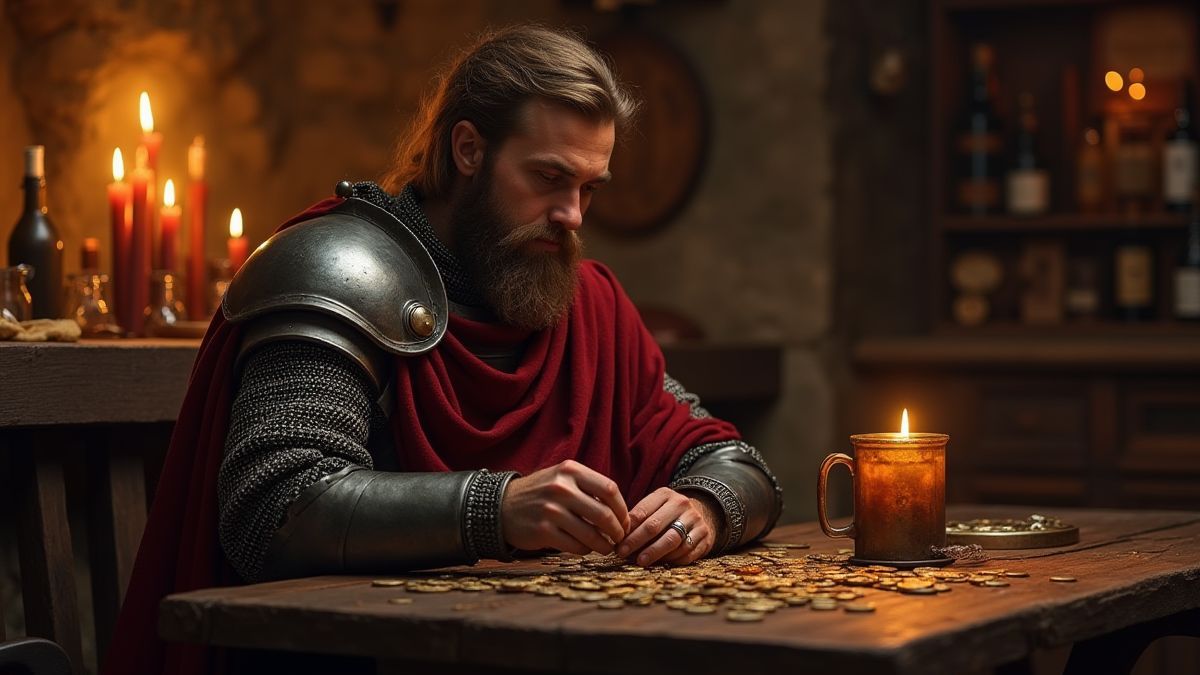 Caballero medieval sentado en una taberna contando monedas.