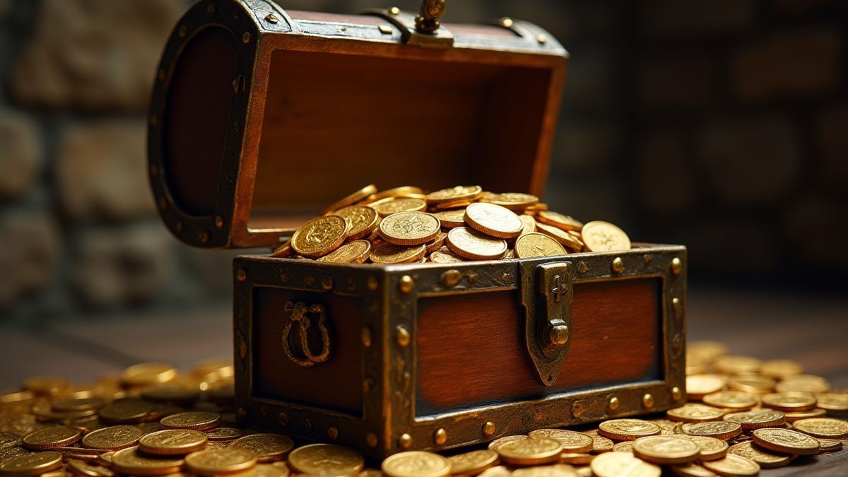 Cofre del tesoro lleno de monedas de oro en un entorno medieval.
