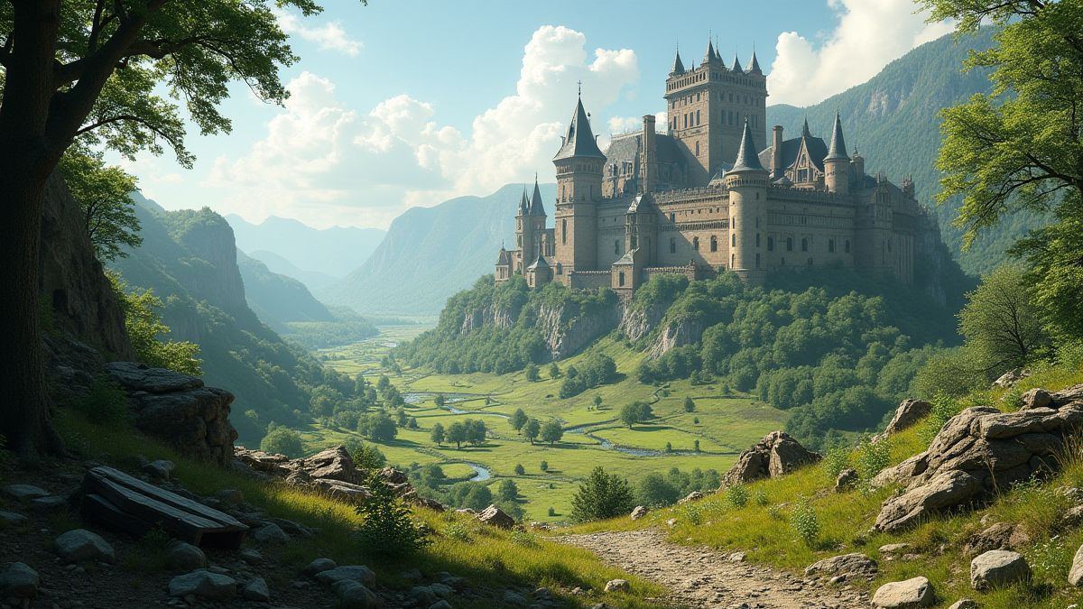 Paisaje medieval verde con castillos y materiales de construcción.