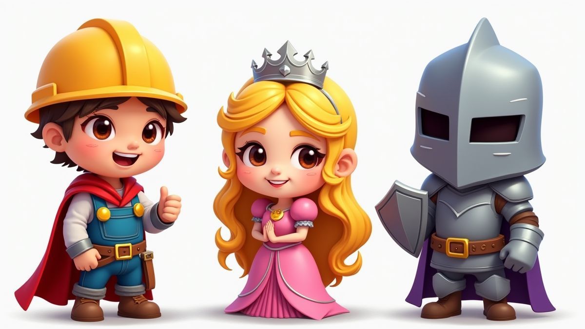 Personajes animados estilo medieval: un constructor, una princesa encantadora y un caballero misterioso.