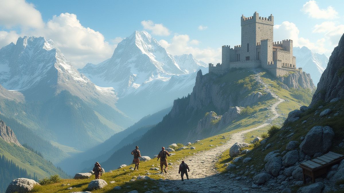 Mountainous medieval landscape with a castle under construction and workers transporting materials.