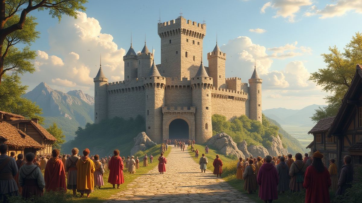 A completed medieval castle with villagers celebrating around it.