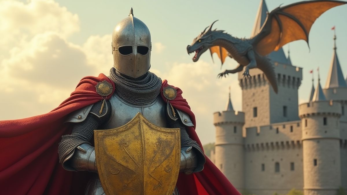 Medieval knight with a golden shield in front of a castle and a dragon flying overhead