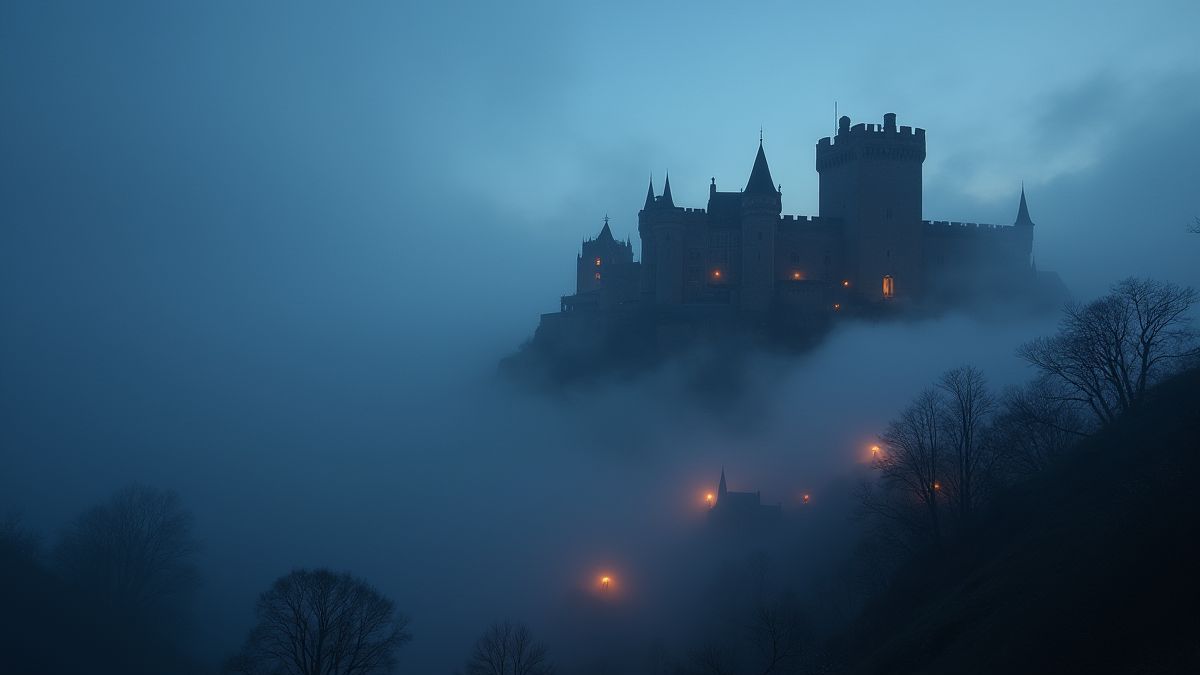 Magical fog surrounding a medieval castle at dusk with glowing lanterns