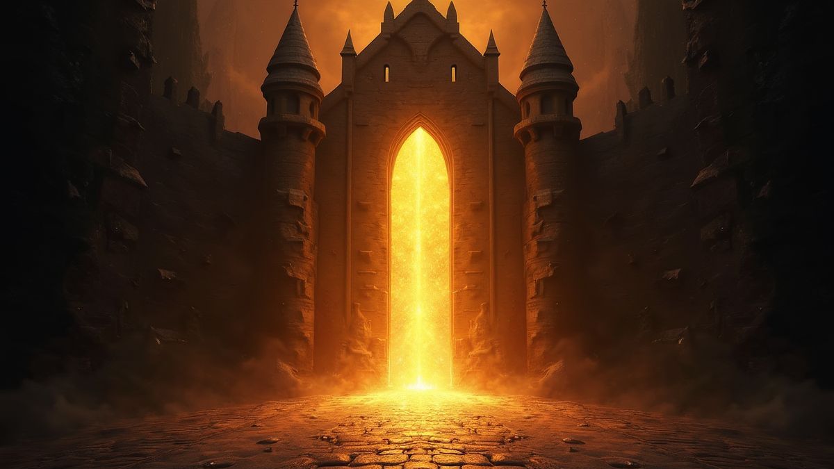 Ein leuchtendes Schlossportal mit goldenem Licht, das herausströmt.