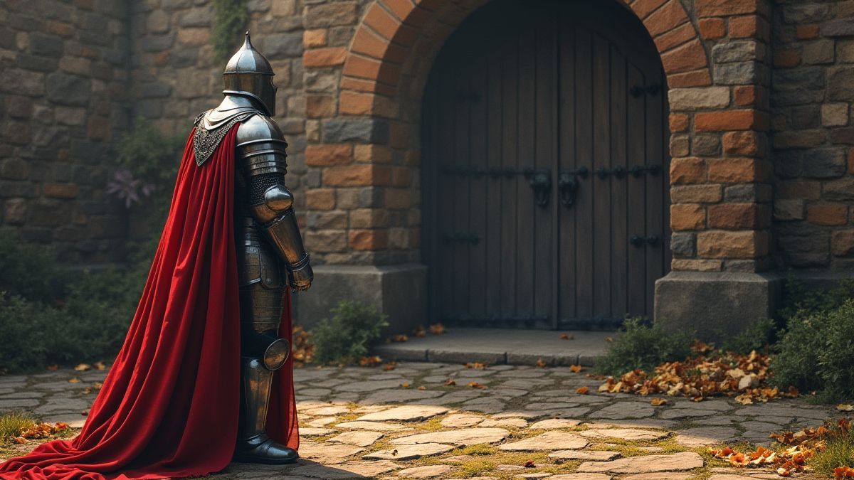 Medieval knight in front of a castle gate with treasures on the ground.