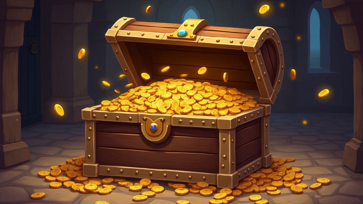 Treasure chest filled with gold coins and jewels inside a medieval castle room.
