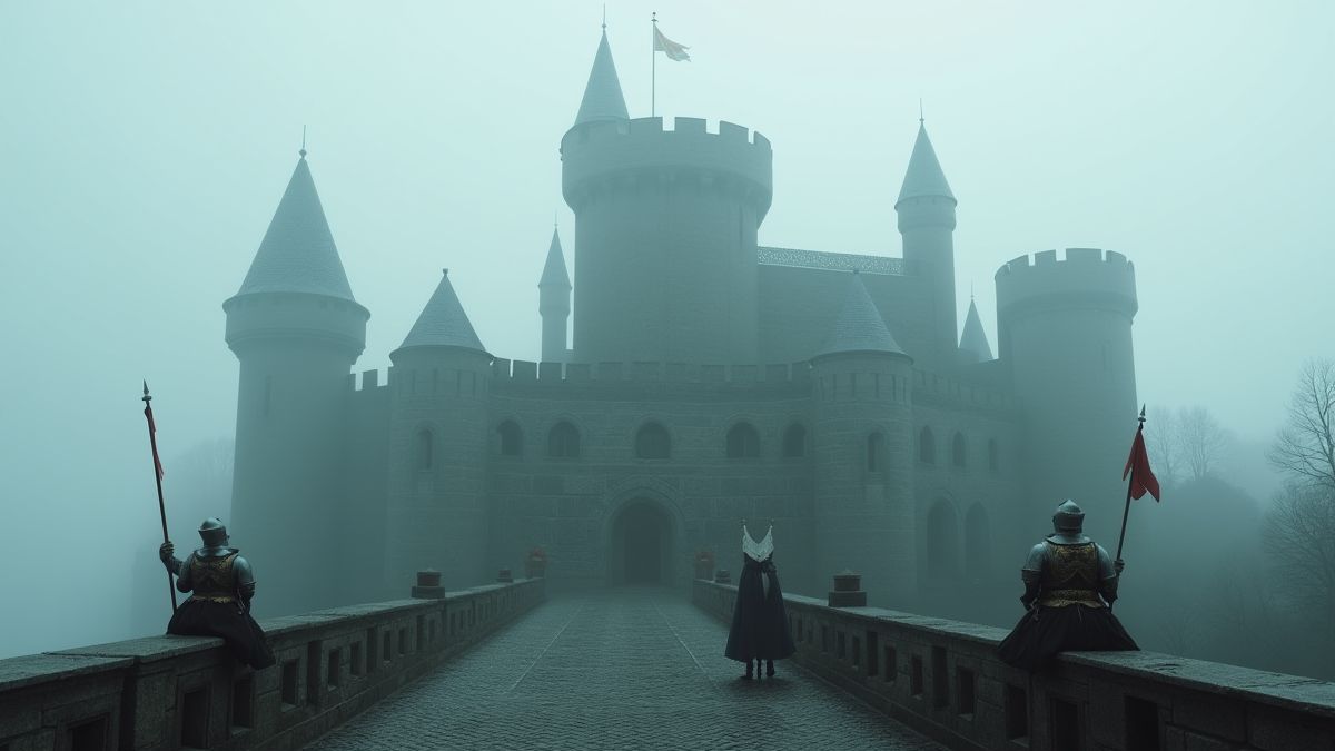 Un castillo medieval rodeado por niebla y banderas ondeando.