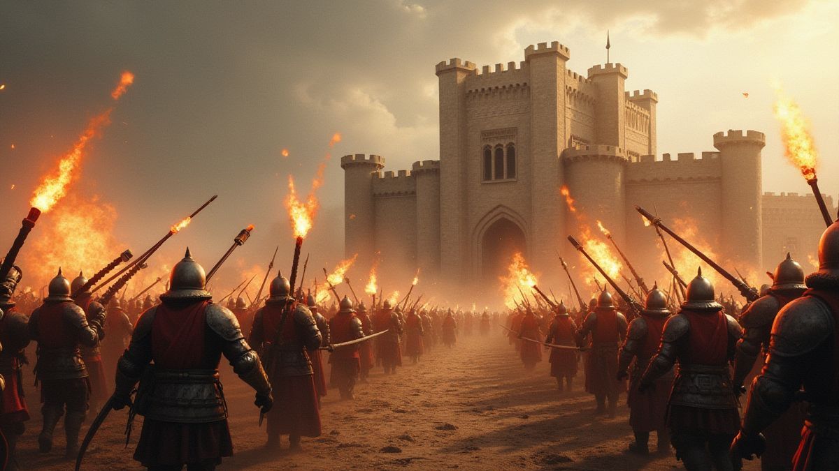 Escena de asedio medieval con catapultas atacando un castillo.
