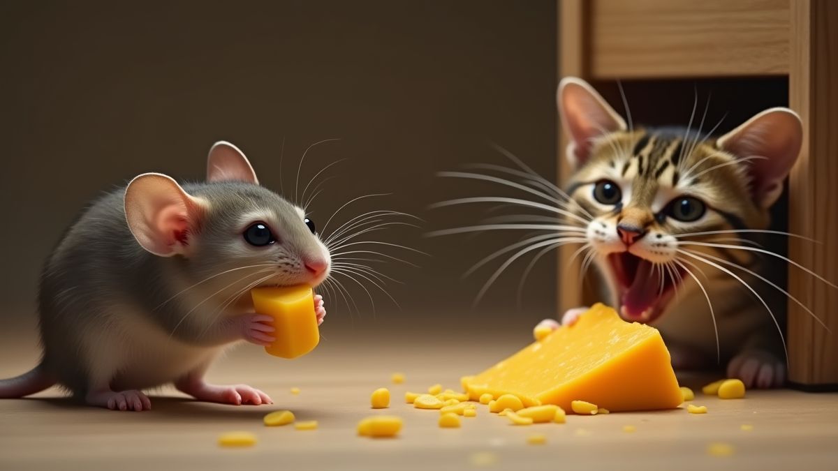 A clever mouse eating cheese while a frustrated cat watches from behind a trap.