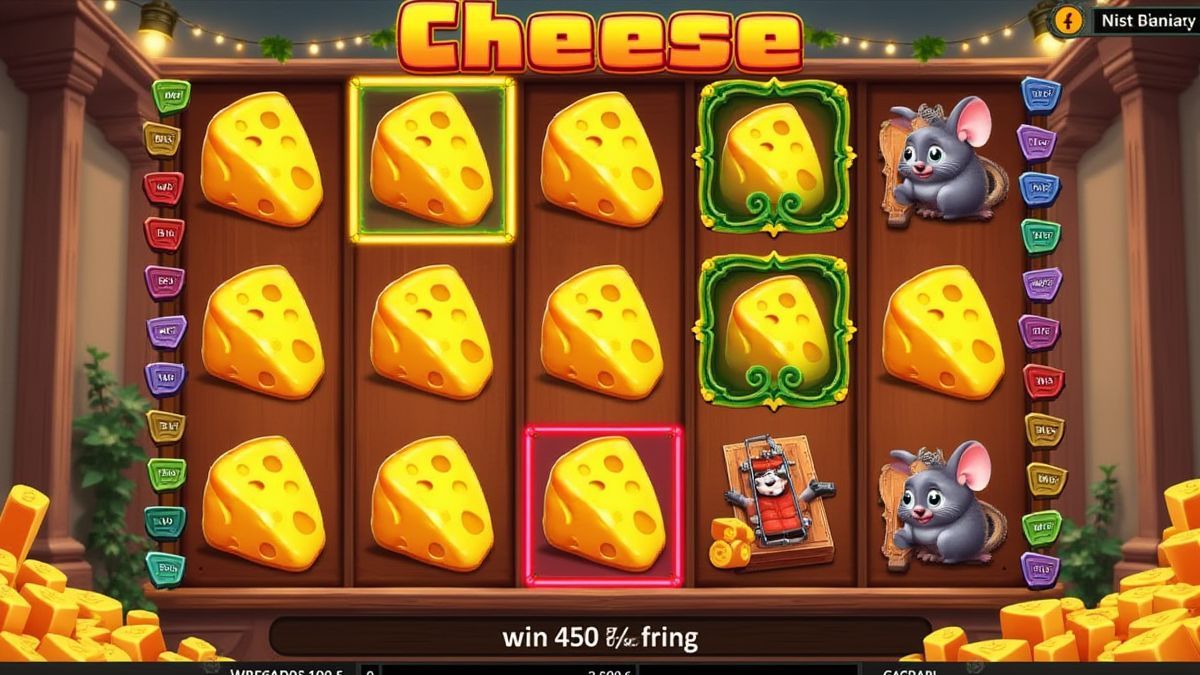 Colorful reels with cheese symbols, mouse traps, and animated characters.