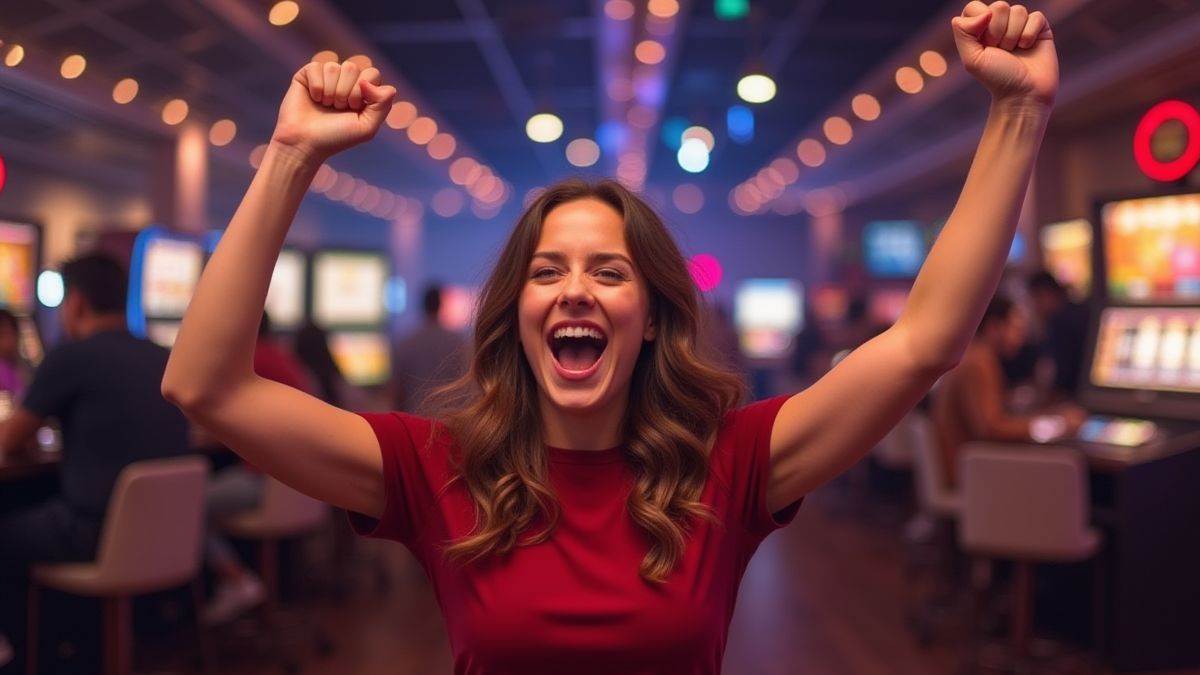 A player celebrating a win in a casino-themed setting.