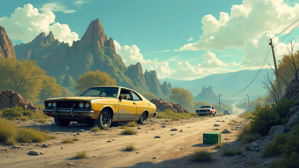 Post-apocalyptic landscape with wrecked cars and mysterious boxes.