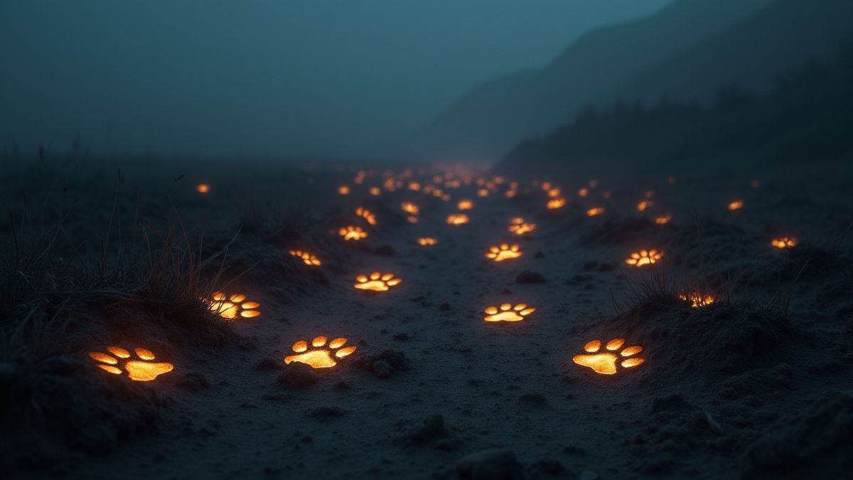 Glowing cat paw prints in a desolate landscape.