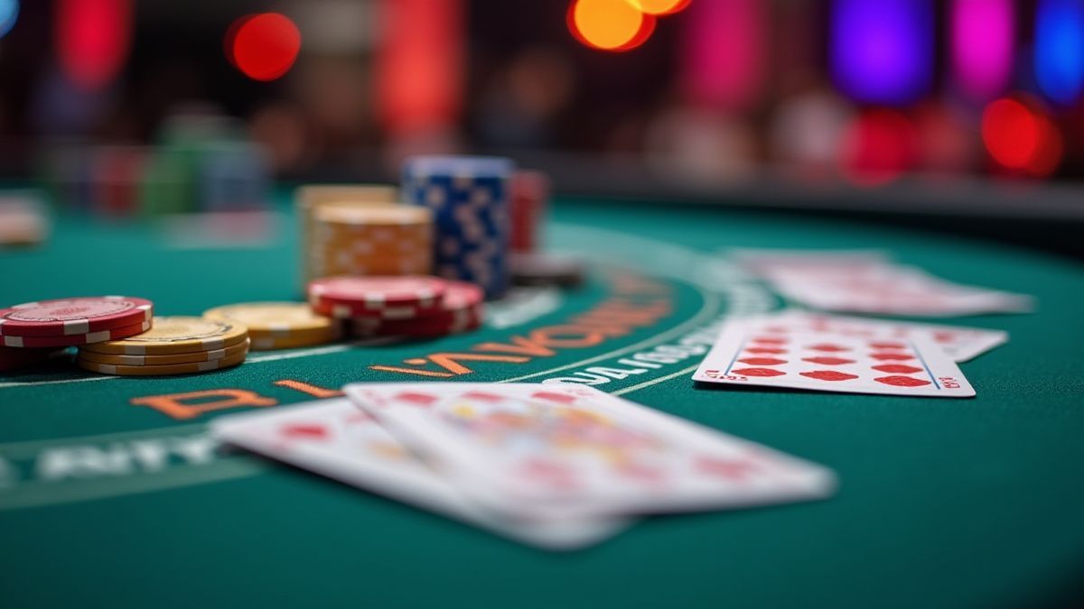 Table de poker colorée avec des jetons et des cartes.