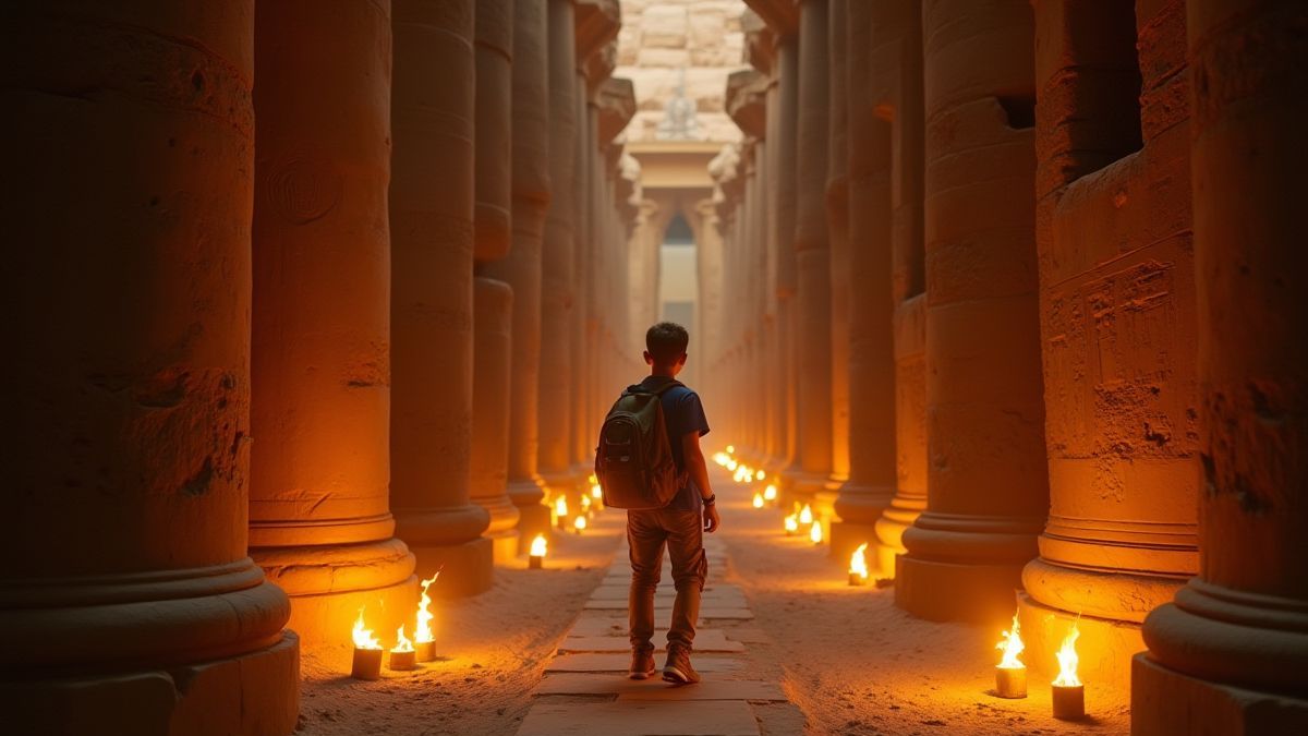 Uma jovem exploradora em um templo egípcio antigo iluminado por tochas.